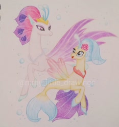 Size: 1079x1156 | Tagged: safe, artist:mmy_little_drawings, derpibooru import, princess skystar, queen novo, seapony (g4), my little pony: the movie, colored pencil drawing, duo, female, looking at each other, open mouth, simple background, smiling, traditional art, watermark, white background