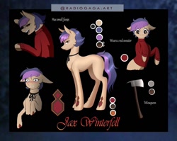 Size: 1080x859 | Tagged: safe, artist:radiogaga.art, derpibooru import, oc, oc only, earth pony, pony, axe, bust, clothes, earth pony oc, insanity, male, reference sheet, stallion, story included, weapon