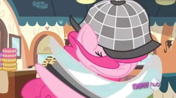 Size: 496x276 | Tagged: safe, derpibooru import, screencap, pinkie pie, earth pony, pony, mmmystery on the friendship express, cartoon physics, deerstalker, detective, female, frame, great moments in animation, hat, hub logo, hub network, magnifying glass, smear frame