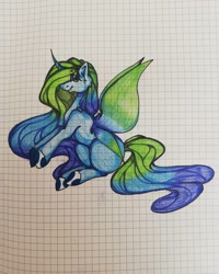 Size: 1080x1350 | Tagged: safe, artist:tessa_key_, derpibooru import, oc, oc only, pony, butterfly wings, colored hooves, eyelashes, female, graph paper, horn, mare, sitting, smiling, solo, traditional art, wings