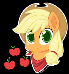 Size: 1358x1458 | Tagged: safe, artist:laylaelvy278, derpibooru import, applejack, earth pony, pony, applejack's hat, black background, bust, clothes, cowboy hat, cute, cutie mark, female, hat, jackabetes, mare, neckerchief, portrait, signature, simple background, smiling, solo, straw in mouth