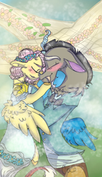 Size: 540x938 | Tagged: safe, artist:cocolove2176, derpibooru import, discord, fluttershy, draconequus, pegasus, pony, blushing, clothes, discoshy, dress, eyes closed, female, floral head wreath, flower, male, mare, shipping, smiling, straight, suit, wedding dress, wings
