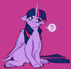 Size: 1371x1336 | Tagged: safe, artist:katedoe, derpibooru import, twilight sparkle, twilight sparkle (alicorn), alicorn, pony, ears, female, floppy ears, mare, pink background, question mark, simple background, sitting, solo, unshorn fetlocks