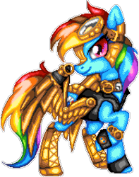 Size: 1110x1410 | Tagged: safe, artist:dasheroni, artist:scarlet-spectrum, derpibooru import, rainbow dash, pegasus, pony, amputee, artificial wings, augmented, badass, clothes, epic, female, goggles, looking at you, manepxls, mare, pixel art, prosthetic limb, prosthetic wing, prosthetics, pxls.space, raised hoof, raised leg, side view, simple background, smiling, smirk, solo, steampunk, transparent background, wings