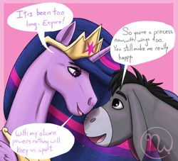 Size: 2200x2000 | Tagged: safe, artist:azurllinate, derpibooru import, princess twilight 2.0, twilight sparkle, twilight sparkle (alicorn), alicorn, donkey, the last problem, accessories, adjustment burro, black hair, blushing, crossover, crossover shipping, crown, eeyore, ethereal mane, female, interspecies, jewelry, larger female, looking at each other, love, mad (tv series), mad magazine, male, multicolored mane, older, older twilight, peytral, purple eyes, regalia, shipping, size difference, smiling, speech, speech bubble, starry mane, talking, tiara, twiyore, winnie the pooh