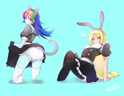 Size: 2048x1591 | Tagged: safe, artist:ried, derpibooru import, applejack, rainbow dash, equestria girls, appledash, bloomers, bunny ears, butt, cat ears, cat tail, clothes, female, lesbian, maid, maidjack, rainbow maid, rainbutt dash, shipping, skirt, upskirt