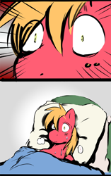 Size: 560x891 | Tagged: safe, artist:ende26, color edit, derpibooru import, edit, big macintosh, earth pony, pony, ..., all just a dream, bed, colored, cropped, male, shocked, solo, stallion, sweat