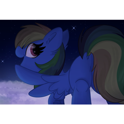 Size: 1800x1800 | Tagged: safe, artist:littleblackraencloud, derpibooru import, rainbow dash, pegasus, pony, female, flying, looking at you, looking back, looking back at you, mare, night, open mouth, smiling, solo