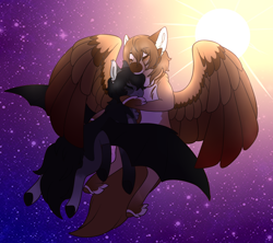 Size: 1800x1600 | Tagged: safe, artist:nobleclay, derpibooru import, bat pony, pegasus, pony, flying, goro akechi, hug, ponified, ren amamiya