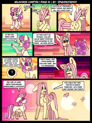 Size: 1280x1707 | Tagged: safe, artist:spudsmcfrenzy, derpibooru import, fluttershy, sweetie belle, pony, comic:wild au, black eye, broken horn, horn