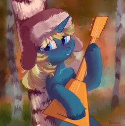 Size: 3978x4025 | Tagged: safe, artist:_mpiesocks, artist:raily, derpibooru import, oc, oc:maple parapet, pony, unicorn, balalaika, birch, forest, freckles, hat, musical instrument, scar, solo, ushanka