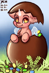 Size: 1200x1800 | Tagged: safe, artist:zobaloba, derpibooru import, alicorn, earth pony, pegasus, pony, unicorn, any gender, any species, auction, chocolate, chocolate egg, commission, egg, food, grass, happy easter, solo, your character here