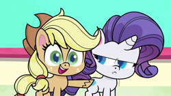 Size: 1920x1080 | Tagged: safe, derpibooru import, screencap, applejack, rarity, earth pony, pony, unicorn, disappearing act, my little pony: pony life, butt touch, cute, duo, female, hoof on butt, jackabetes, mare, rarity is not amused, smiling, unamused