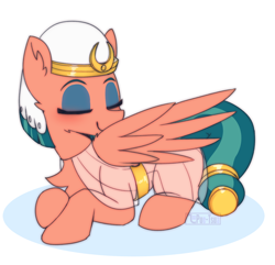 Size: 1452x1398 | Tagged: safe, artist:puetsua, derpibooru import, somnambula, pegasus, pony, clothes, cute, dress, egyptian pony, eyes closed, eyeshadow, featured on derpibooru, female, grooming, headdress, lying down, makeup, mare, no nose, preening, prone, simple background, solo, somnambetes, sweet dreams fuel, watermark, white background, wings