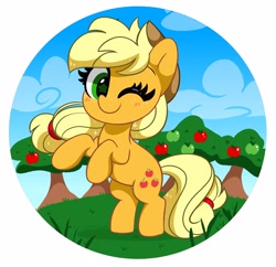 Size: 3910x3784 | Tagged: safe, artist:kittyrosie, derpibooru import, applejack, earth pony, pony, abstract background, apple, apple tree, blushing, cloud, cute, female, food, hat, jackabetes, kittyrosie is trying to murder us, mare, one eye closed, rearing, smiling, tree, weapons-grade cute, wink