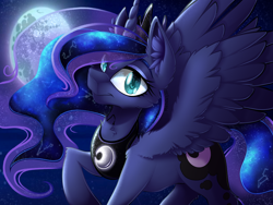 Size: 2224x1668 | Tagged: safe, artist:mychelle, derpibooru import, princess luna, alicorn, pony, constellation, ear fluff, ears, female, looking at you, mare, mare in the moon, moon, night, solo