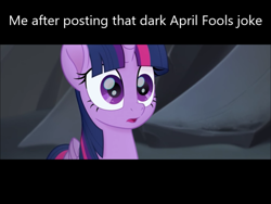 Size: 796x597 | Tagged: safe, derpibooru import, twilight sparkle, twilight sparkle (alicorn), alicorn, my little pony: the movie, april fools, april fools 2021, april fools joke, horrified, i'm so sorry, i'm sorry, regret, what have i done