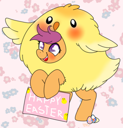 Size: 606x630 | Tagged: safe, artist:therainbowtroll, derpibooru import, scootaloo, bird, chicken, pegasus, pony, animal costume, blushing, chicken suit, clothes, costume, cute, cutealoo, easter, easter egg, egg, holiday, sign, silly, silly pony