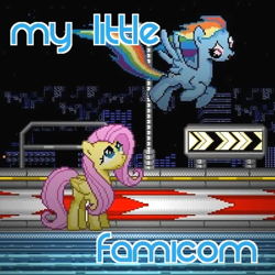 Size: 720x720 | Tagged: safe, derpibooru import, fluttershy, rainbow dash, pegasus, pony, 8-bit, crossover, famicom, flying, looking up, pixel art, title screen