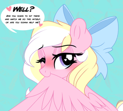 Size: 3750x3375 | Tagged: safe, alternate version, artist:emberslament, derpibooru import, oc, oc only, oc:bay breeze, pegasus, pony, blushing, bow, cute, female, grooming, hair bow, heart eyes, looking at you, mare, one eye closed, preening, simple background, solo, speech bubble, talking to viewer, text, wingding eyes, wings, wink