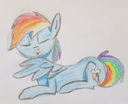 Size: 2793x2268 | Tagged: safe, artist:fakkajohan, derpibooru exclusive, derpibooru import, rainbow dash, pegasus, pony, eyes closed, female, grooming, lying down, preening, solo, traditional art