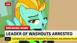 Size: 1280x720 | Tagged: safe, derpibooru import, edit, edited screencap, screencap, lightning dust, pegasus, pony, the washouts (episode), arrested, break your own news, breaking news, caption, clothes, description is relevant, funny, image macro, implied betrayal, karma, meme, open mouth, raised eyebrow, reality ensues, retribution, smiling, smirk, solo, text, the washouts, uniform, washouts uniform, wings, worst pony