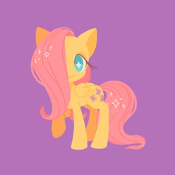 Size: 2048x2048 | Tagged: safe, artist:daisycorpse, derpibooru import, fluttershy, pegasus, pony, cute, female, folded wings, hair over one eye, head turned, high res, looking at you, no pupils, purple background, raised hoof, raised leg, shyabetes, simple background, smiling, solo, sparkling mane, standing, starry eyes, three quarter view, wingding eyes, wings