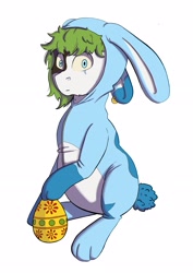 Size: 2480x3508 | Tagged: safe, artist:ardilya, derpibooru import, oc, oc:puffy, earth pony, pony, animal costume, bunny costume, chubby, clothes, commission, costume, digital art, easter, easter bunny, easter egg, holiday, looking at you, solo, ych result, your character here
