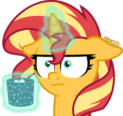 Size: 4000x3773 | Tagged: safe, artist:orin331, derpibooru import, sunset shimmer, pony, unicorn, :i, absurd resolution, chocolate, drink, empathy cocoa, faic, food, glowing horn, horn, hot chocolate, i mean i see, levitation, magic, simple background, solo, telekinesis, transparent background
