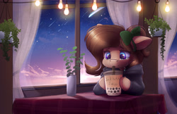 Size: 4250x2750 | Tagged: safe, artist:ardail, derpibooru import, edit, oc, oc:mocha latte, boba tea, bow, cafe, clothes, cloths, crying, hoodie, plant, sad