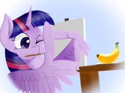 Size: 1979x1484 | Tagged: safe, artist:pitybug, derpibooru import, twilight sparkle, twilight sparkle (alicorn), alicorn, pony, banana, bust, canvas, drawing, easel, feather fingers, female, food, looking at something, mare, measuring, mouth hold, one eye closed, paintbrush, solo, table, three quarter view, wing hands, wings