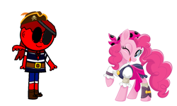 Size: 2262x1365 | Tagged: safe, derpibooru import, pinkie pie, earth pony, human, pony, belt, eyepatch, hat, one eye closed, pegasus human, pegasus wings, pirate, pirate costume, pirate hat, simple background, smiling, wings, wink, zalgo pagie