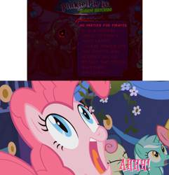 Size: 1257x1303 | Tagged: safe, derpibooru import, bon bon, cherry berry, lyra heartstrings, pinkie pie, sweetie drops, earth pony, pony, friendship is magic, g3, blood, crying, female, game, looking at you, mare, offscreen charcter, pinkie pie's party parade, piracy, reaction image, screaming, shocked, shocked expression, smiling, tears of blood, zalgo, zalgo pie