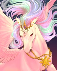Size: 3277x4096 | Tagged: safe, artist:thornblade_, derpibooru import, princess celestia, alicorn, horse, pony, ear piercing, earring, ethereal mane, female, gradient background, hoers, jewelry, mare, necklace, piercing, princess celestia is a horse, solo, spread wings, starry mane, tiara, windswept mane, wings