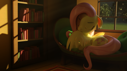 Size: 3840x2160 | Tagged: safe, artist:xppp1n, fluttershy, pegasus, 3d, behaving like a bird, behaving like a cat, blender, blender cycles, book, bookshelf, eyes closed, female, fluttershy's cottage, grooming, mare, preening, sofa, solo, spread wings, wings