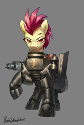Size: 2000x3000 | Tagged: safe, artist:jedayskayvoker, oc, oc only, oc:sacred flame, earth pony, pony, fallout equestria, armor, commission, female, looking at you, mare, power armor, raised hoof, raised leg, signature, simple background, solo, unnamed oc