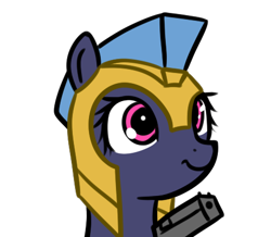 Size: 463x403 | Tagged: safe, artist:neuro, oc, oc only, pony, armor, delet this, female, guardsmare, gun, handgun, helmet, mare, pink eyes, royal guard, simple background, smiling, solo, transparent background, weapon