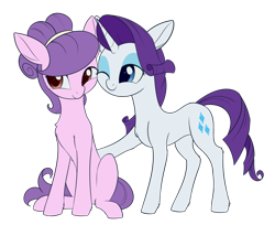 Size: 1496x1222 | Tagged: safe, artist:dusthiel, derpibooru import, rarity, suri polomare, earth pony, pony, unicorn, commission, eyeshadow, female, hug, lesbian, makeup, mare, one eye closed, raised hoof, raised leg, shipping, simple background, sitting, surity, transparent background, wink