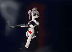 Size: 2100x1500 | Tagged: safe, artist:hemlock conium, derpibooru import, nurse redheart, earth pony, blood, colored, digital art, female, gun, mare, practice, shotgun, simple background, solo, weapon