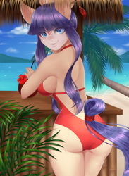 Size: 939x1280 | Tagged: safe, artist:winnigrette, derpibooru import, oc, oc only, anthro, earth pony, ass, beach, big breasts, breasts, butt, clothes, cloud, coconut, commission, digital art, female, food, hut, looking at you, looking back, looking back at you, ocean, one-piece swimsuit, rear view, sand, sideboob, sky, solo, swimsuit, tail, thighs, wide hips, ych result