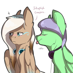 Size: 1487x1487 | Tagged: safe, artist:cookietasticx3, derpibooru import, oc, oc only, pegasus, pony, :p, beanie, bust, duo, eyes closed, hat, headphones, pegasus oc, talking, tongue, tongue out, unamused, wings