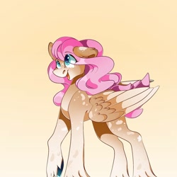 Size: 1080x1080 | Tagged: safe, artist:tessa_key_, derpibooru import, oc, oc only, pegasus, pony, female, gradient background, mare, open mouth, pegasus oc, smiling, solo, two toned wings, unshorn fetlocks, wings