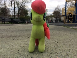 Size: 3264x2448 | Tagged: safe, artist:topsangtheman, derpibooru import, peachy sweet, earth pony, pony, apple family member, irl, looking at you, photo, playground, plushie, solo