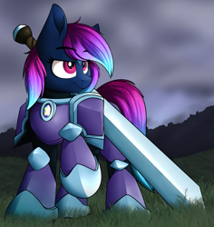 Size: 1593x1685 | Tagged: safe, artist:notetaker, derpibooru import, oc, oc only, oc:astral empyrean, pegasus, pony, armor, background, female, solo, sword, weapon
