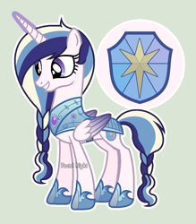 Size: 992x1133 | Tagged: safe, artist:pastelnightyt, derpibooru import, oc, oc only, oc:crystal shield, alicorn, pony, alicorn oc, armor, female, green background, happy, horn, mare, offspring, parent:princess cadance, parent:shining armor, parents:shiningcadance, simple background, solo, wings