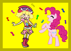 Size: 2600x1876 | Tagged: safe, artist:chelseawest, derpibooru import, pinkie pie, human, amitie, blush sticker, blushing, colored background, confetti, crossover, puyo puyo