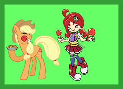 Size: 2600x1876 | Tagged: safe, artist:chelseawest, derpibooru import, applejack, apple, apple pie, apple toffee, blush sticker, blushing, colored background, crossover, food, pie, puyo puyo, ringo ando