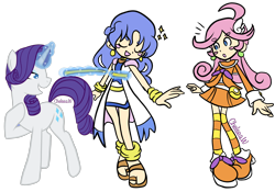 Size: 2400x1676 | Tagged: safe, artist:chelseawest, derpibooru import, rarity, blush sticker, blushing, crossover, magic, magic aura, measuring tape, puyo puyo, raffina, rulue, simple background, transparent background