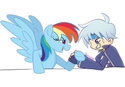 Size: 2400x1676 | Tagged: safe, artist:chelseawest, derpibooru import, rainbow dash, arm wrestling, crossover, hoofwrestle, puyo puyo, schezo wegey, simple background, transparent background