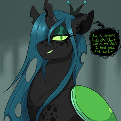 Size: 3000x3000 | Tagged: safe, artist:gingygin, derpibooru import, queen chrysalis, changeling, changeling queen, dialogue, female, hair over one eye, lidded eyes, looking at you, solo, speech bubble, talking to viewer